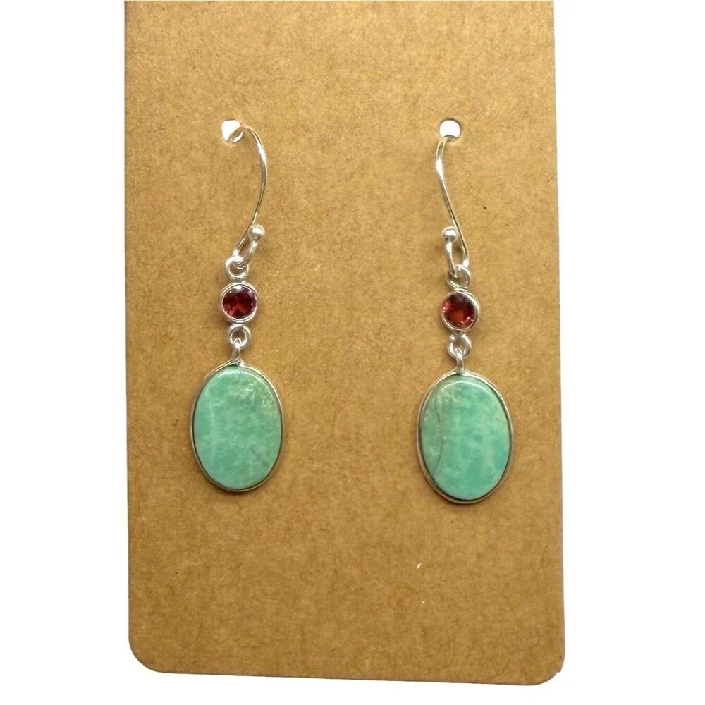 Aztec Mountain Turquoise & Garnet Earrings Solid 925 Sterling Silver Dangle Drop